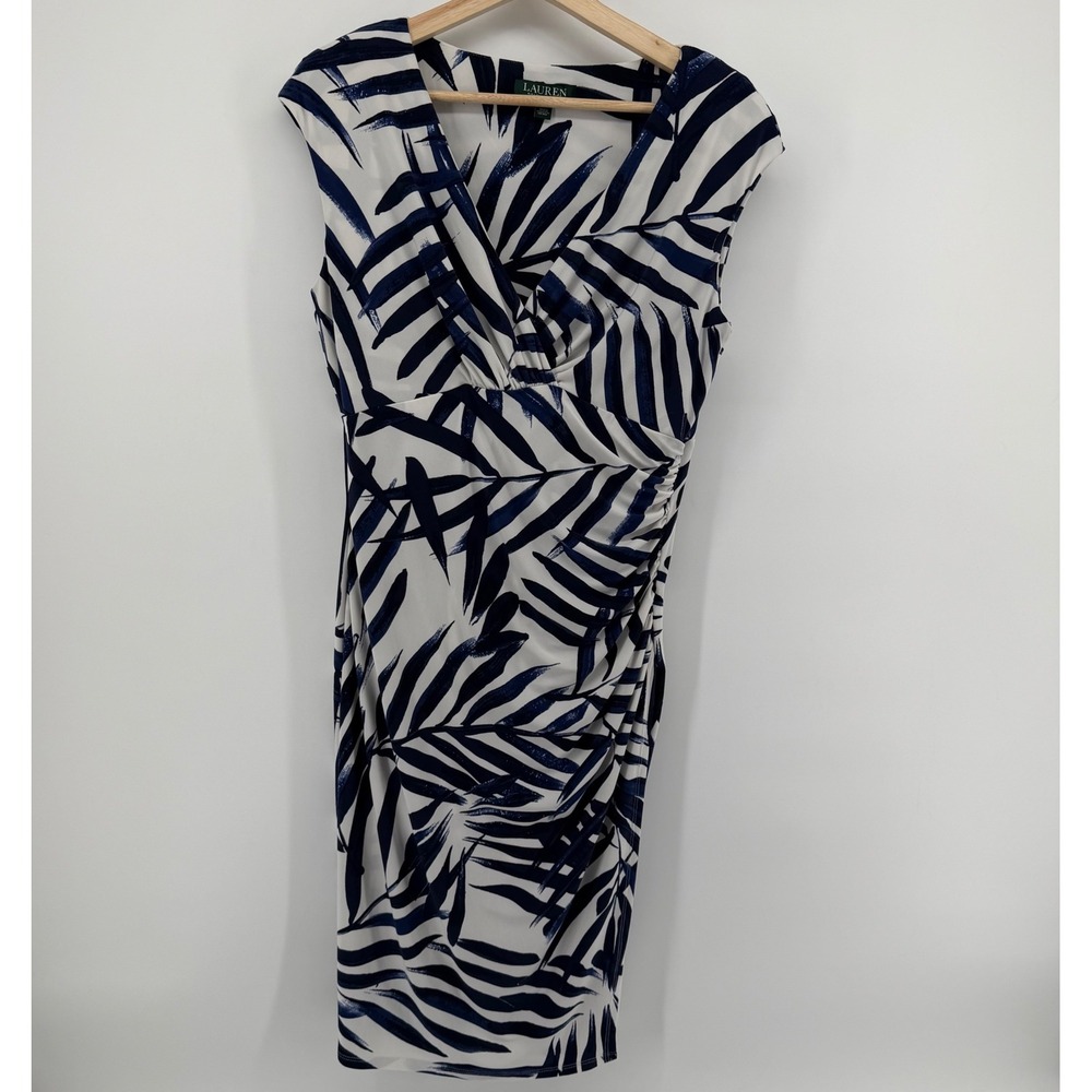 Lauren Ralph Lauren Dress Womens 10 Blue White Palm Leaf Ruched Sheath V-Neck